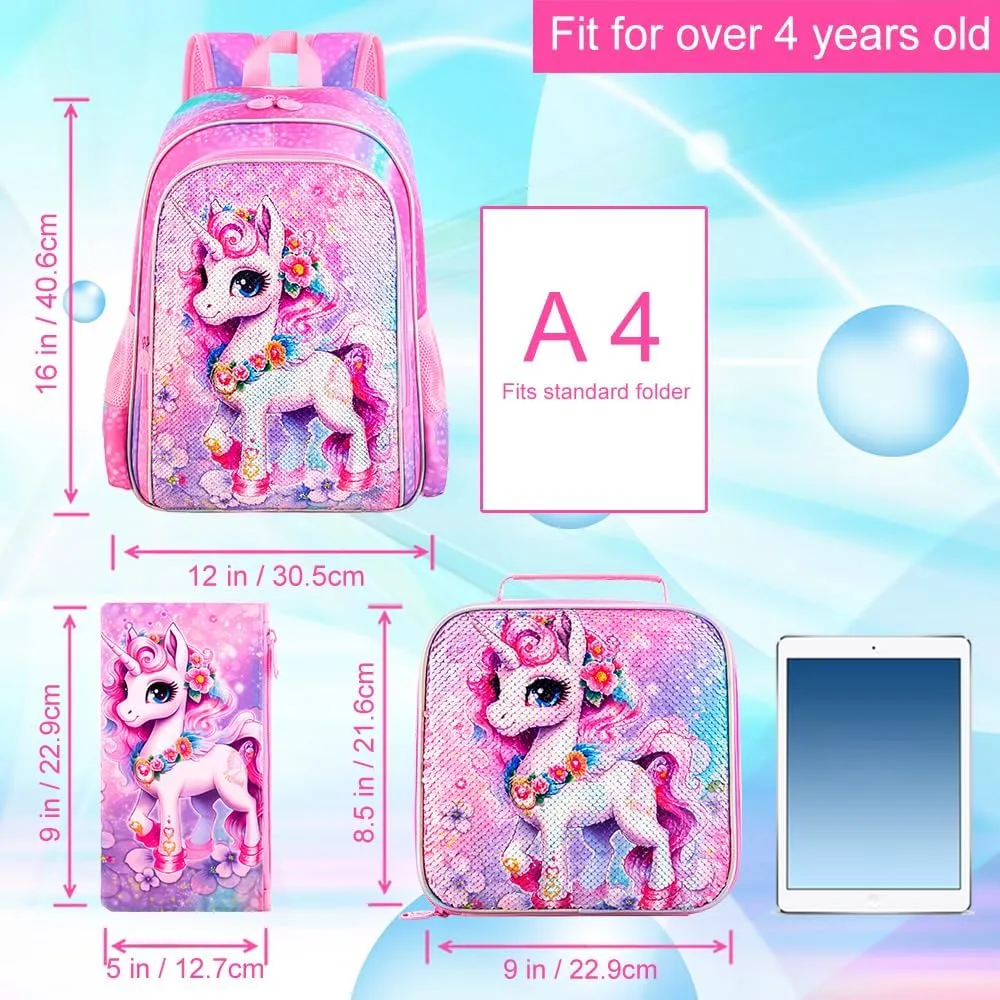 KLFVB 3PCS Unicorn Mermaid Backpack for Girls, 16" Sequin Kids Bookbag and Lunch Box, Preschool Backpacks for Elementary