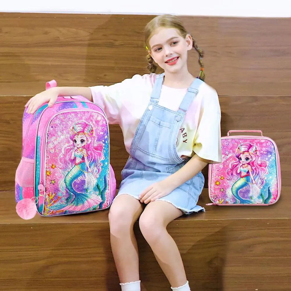 KLFVB 3PCS Unicorn Mermaid Backpack for Girls, 16" Sequin Kids Bookbag and Lunch Box, Preschool Backpacks for Elementary