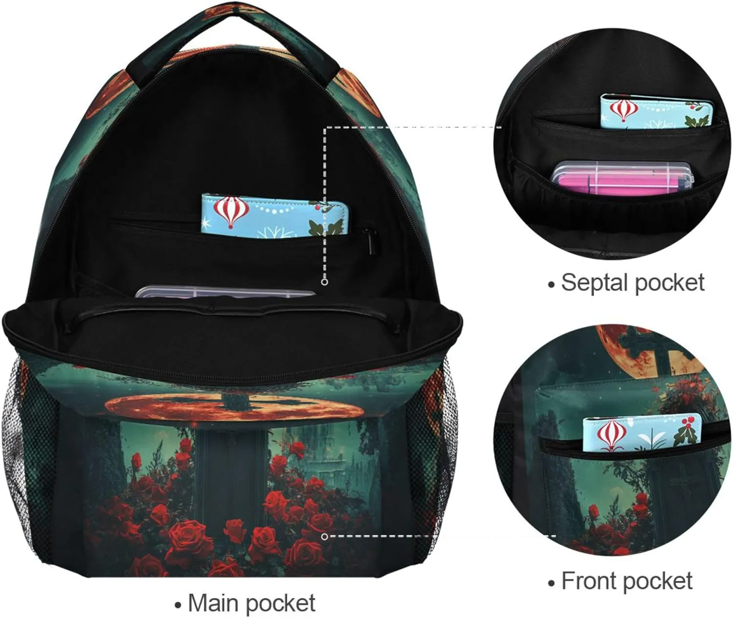 KLL Cool Backpacks for Men Women Waterproof Laptop Bookbag with Chest Strap for Business Work College Travel Trip Goth Crosses Rose Sea