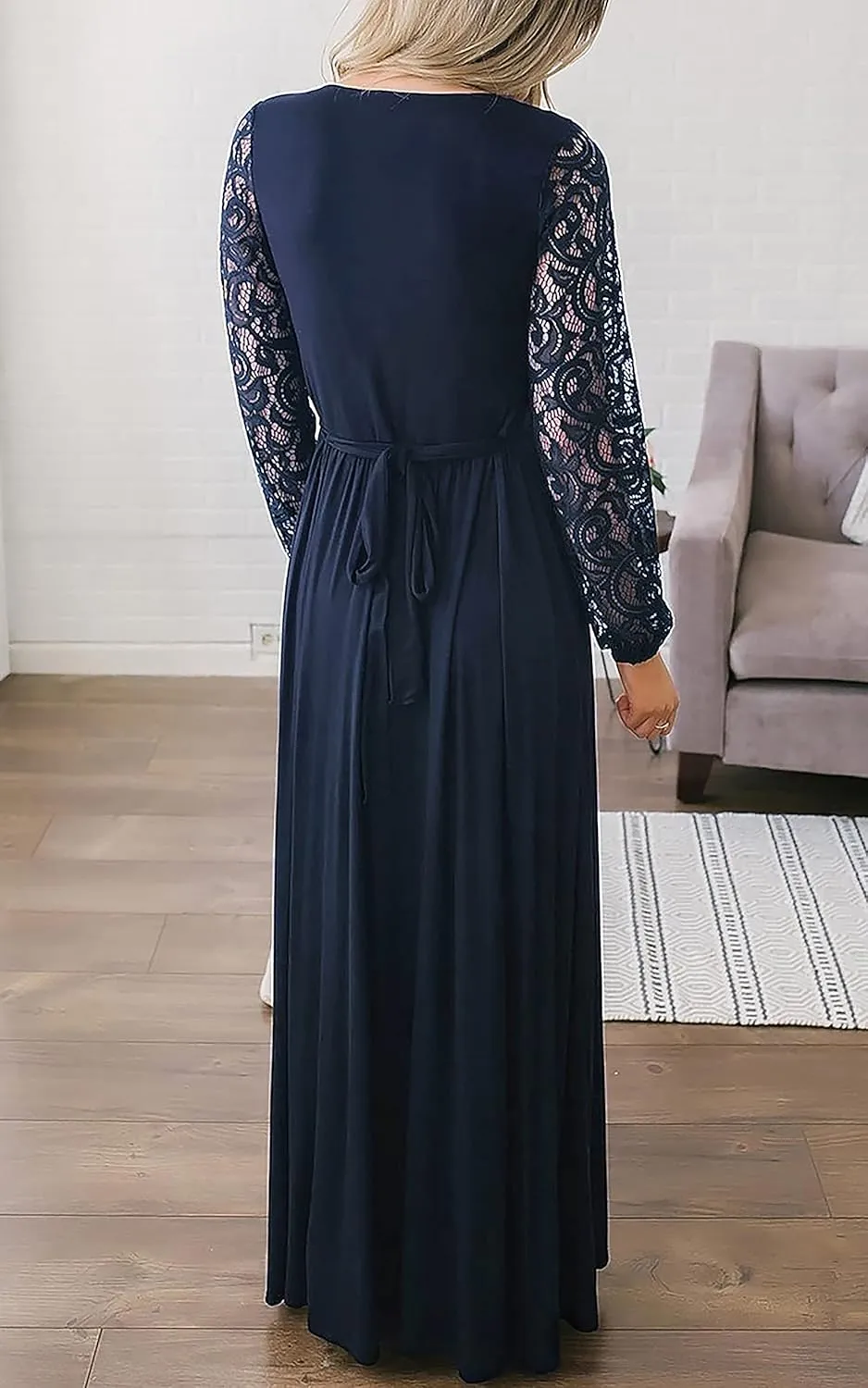 Kranda Womens Vintage Floral Lace Long Sleeve Faux Wrap V Neck Party Long Maxi Dress