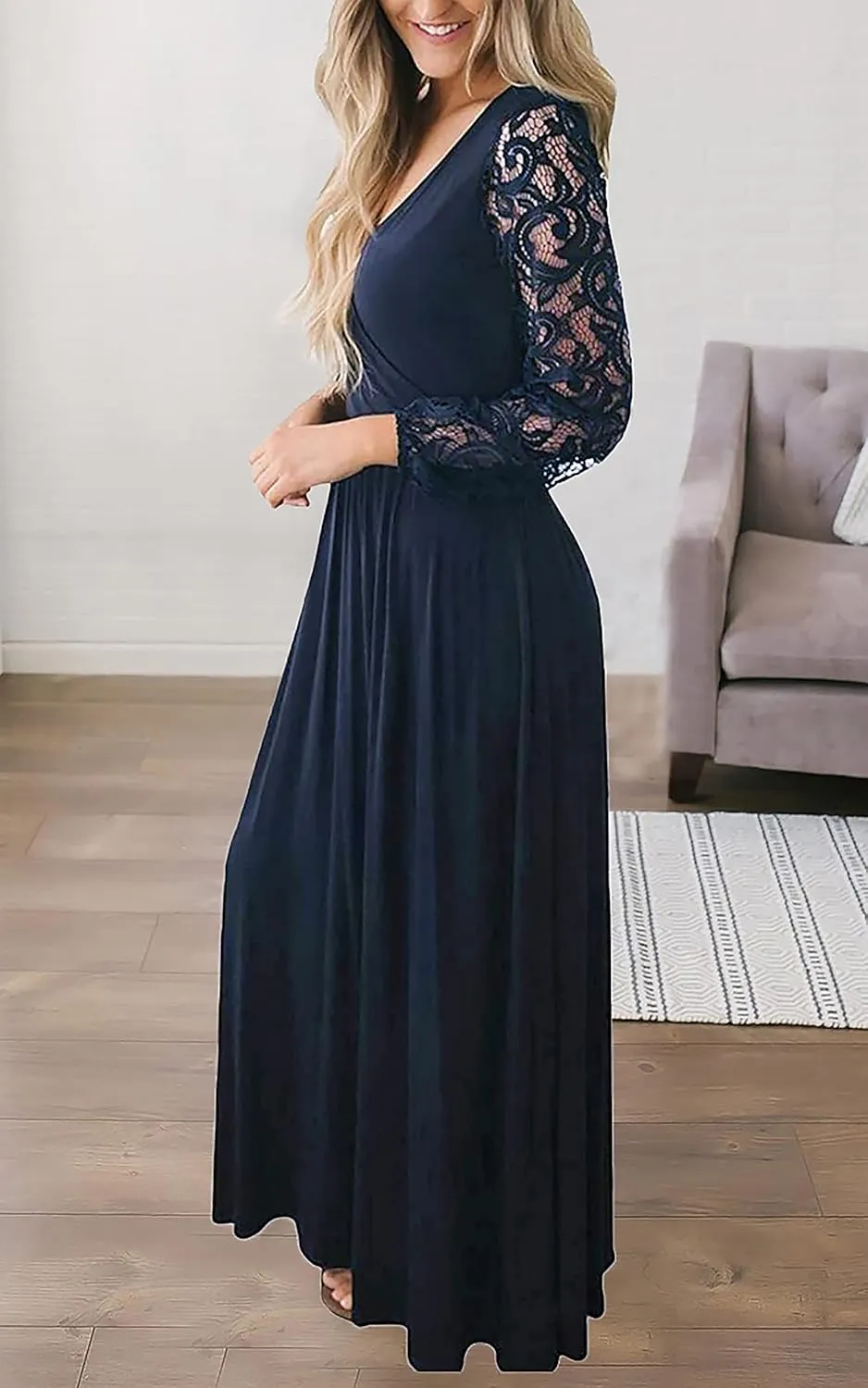 Kranda Womens Vintage Floral Lace Long Sleeve Faux Wrap V Neck Party Long Maxi Dress