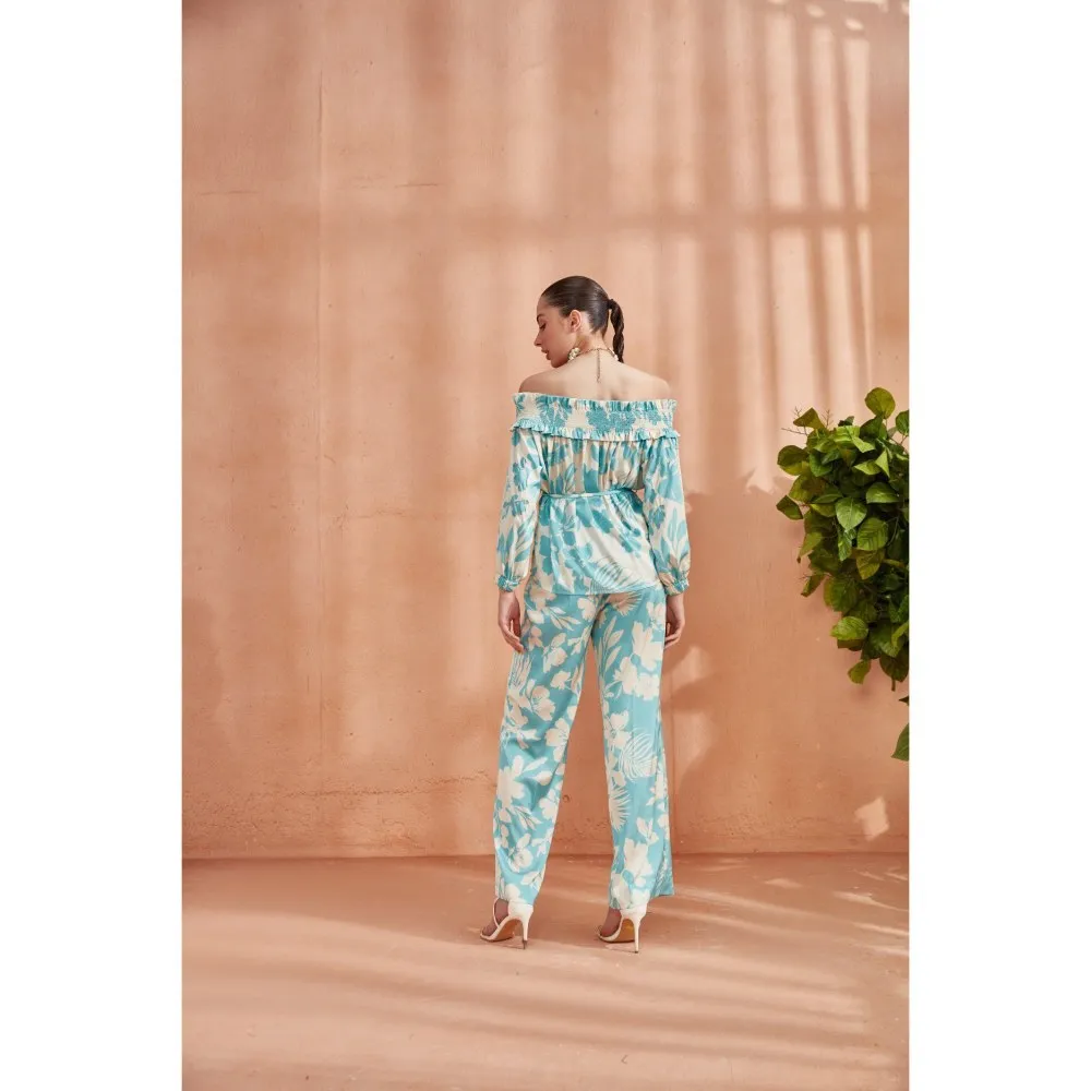 Label Deepika Nagpal Florence Off Shoulder Top Co-Ord Ocean Blue (Set of 3)
