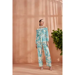 Label Deepika Nagpal Florence Off Shoulder Top Co-Ord Ocean Blue (Set of 3)