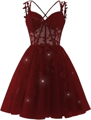 Lace Applique Corset Homecoming Dresses for Teens Short Sweetheart Sparkly Tulle Prom Dress A-Line Cocktail Party Gown