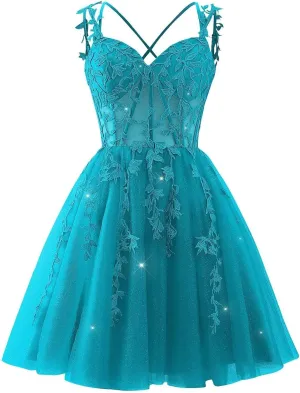 Lace Applique Corset Homecoming Dresses for Teens Short Sweetheart Sparkly Tulle Prom Dress A-Line Cocktail Party Gown