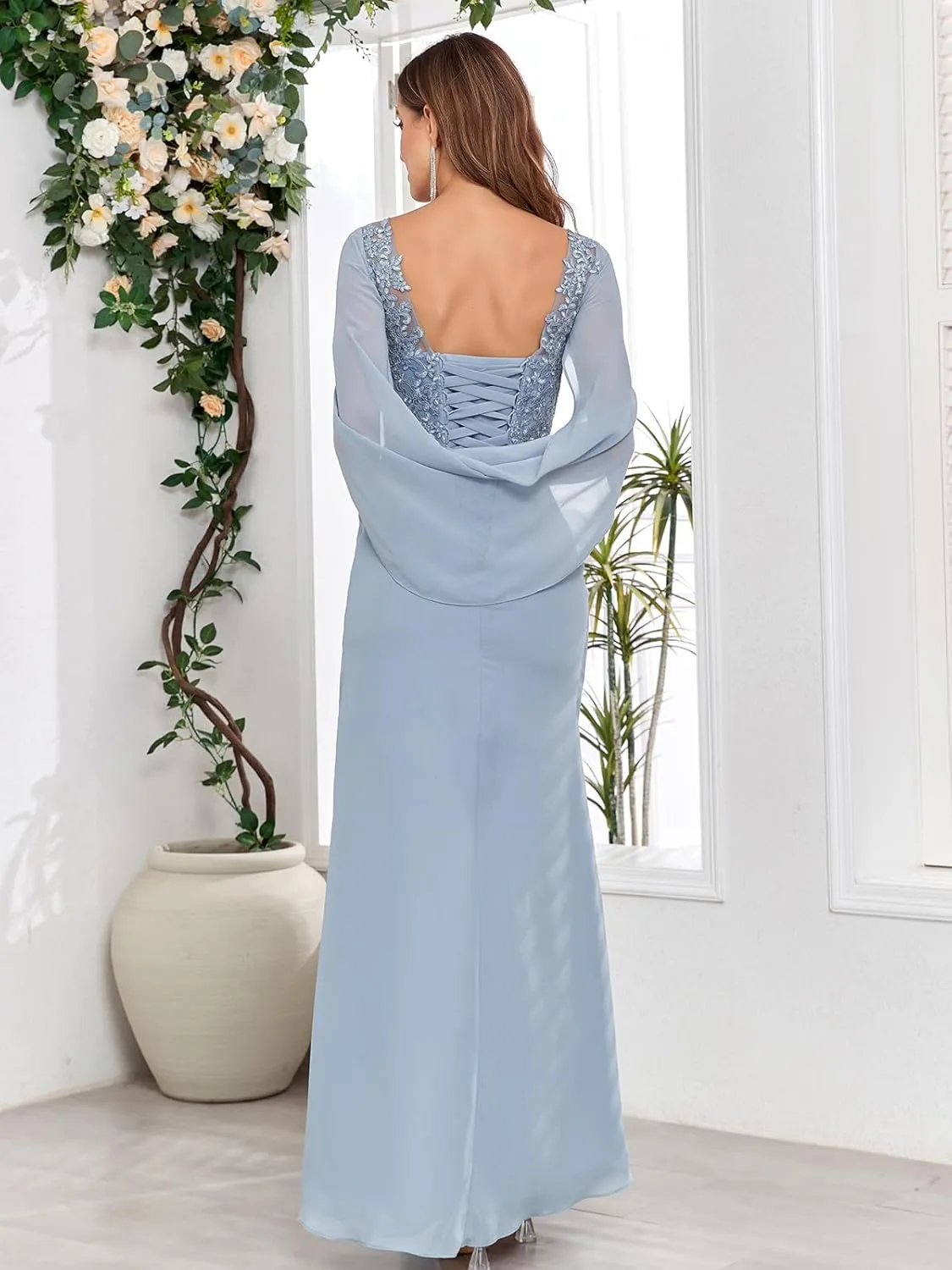 Lace Applique Mother of The Bride Dresses for Wedding with Cape Chiffon Long Mermaid Formal Evening Party Gowns