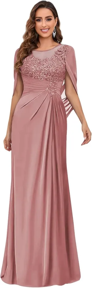 Lace Applique Mother of The Bride Dresses for Wedding with Cape Chiffon Long Mermaid Formal Evening Party Gowns