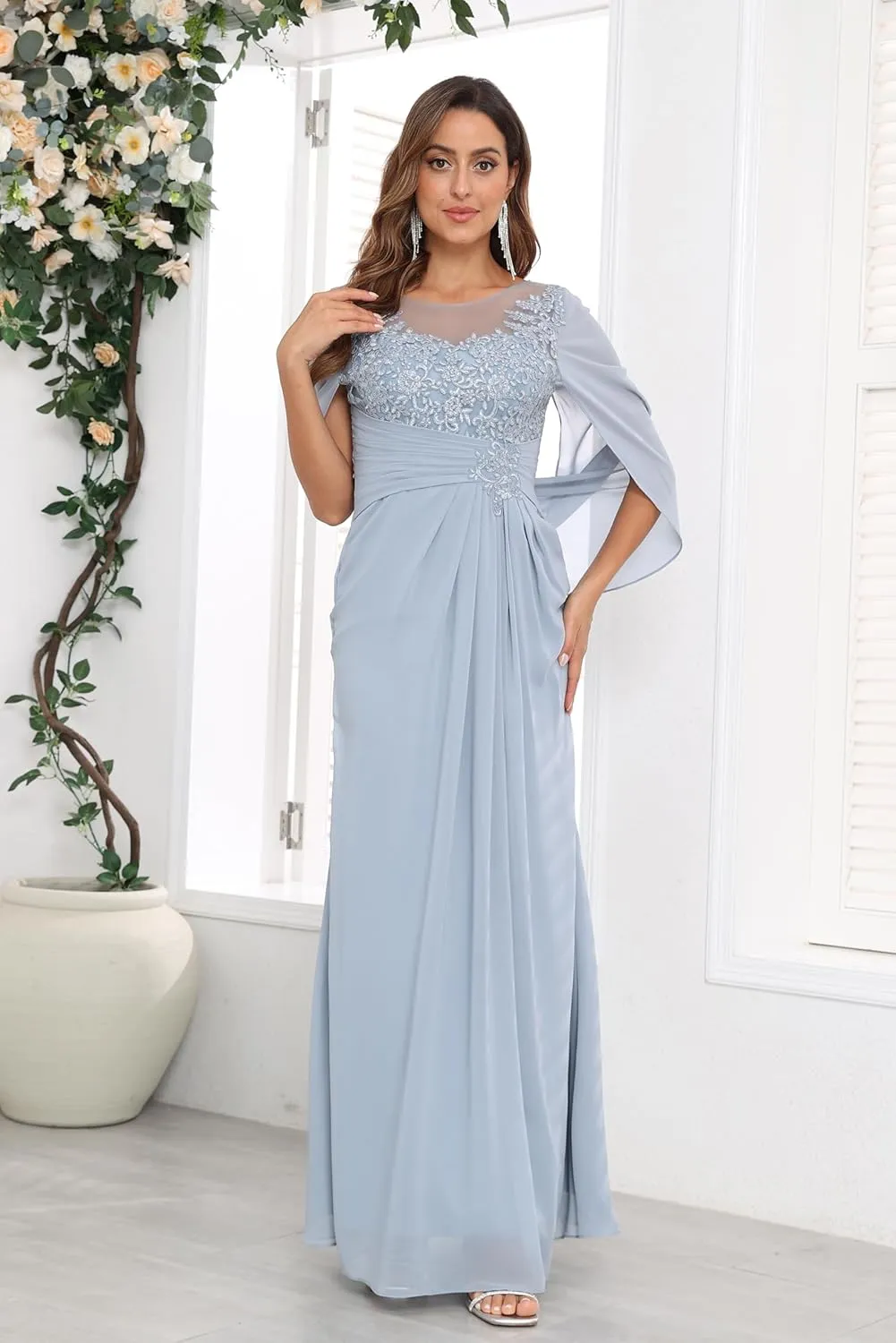 Lace Applique Mother of The Bride Dresses for Wedding with Cape Chiffon Long Mermaid Formal Evening Party Gowns