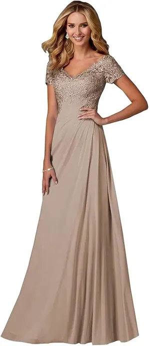Lace Appliques Mother of Bride Dresses for Wedding A-Line Long Formal Evening Party Gowns for Women with Sleeves
