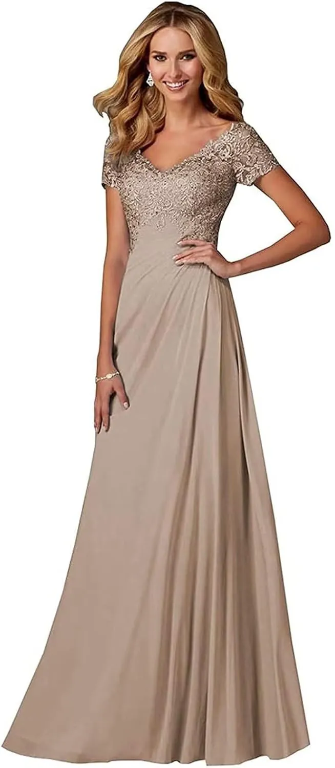 Lace Appliques Mother of Bride Dresses for Wedding A-Line Long Formal Evening Party Gowns for Women with Sleeves