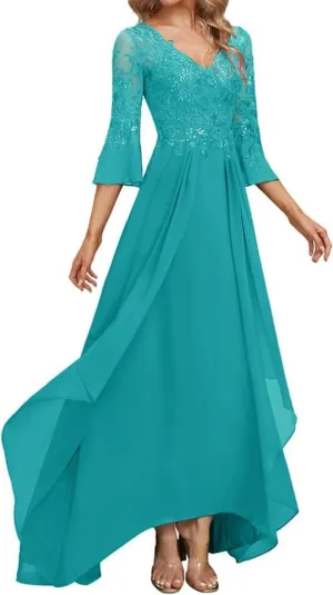 Lace Appliques Mother of The Bride Dresses for Wedding 3/4 Sleeve V Neck Chiffon Formal Evening Gowns