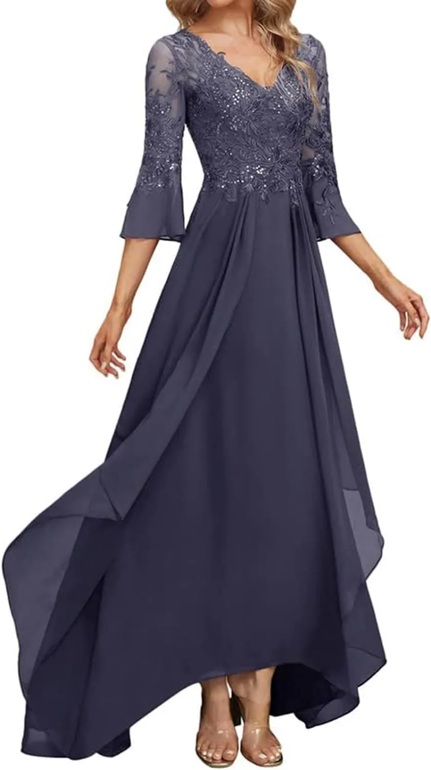 Lace Appliques Mother of The Bride Dresses for Wedding 3/4 Sleeve V Neck Chiffon Formal Evening Gowns
