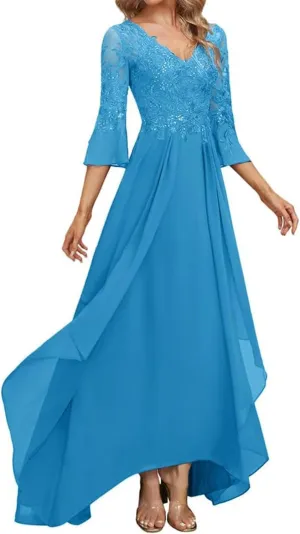 Lace Appliques Mother of The Bride Dresses for Wedding 3/4 Sleeve V Neck Chiffon Formal Evening Gowns