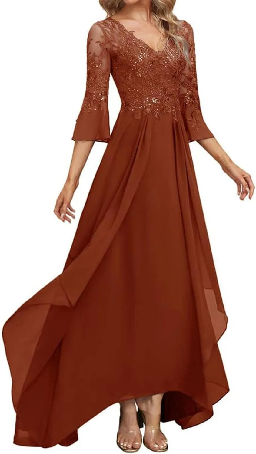 Lace Appliques Mother of The Bride Dresses for Wedding 3/4 Sleeve V Neck Chiffon Formal Evening Gowns