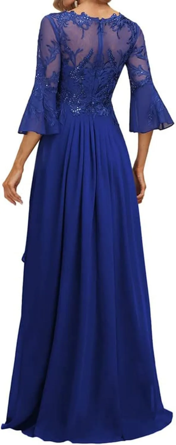 Lace Appliques Mother of The Bride Dresses for Wedding 3/4 Sleeve V Neck Chiffon Formal Evening Gowns