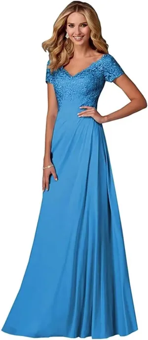 Lace Appliques Mother of The Bride Dresses for Wedding V-Neck Chiffon Long Formal Evening Gowns with Sleeve