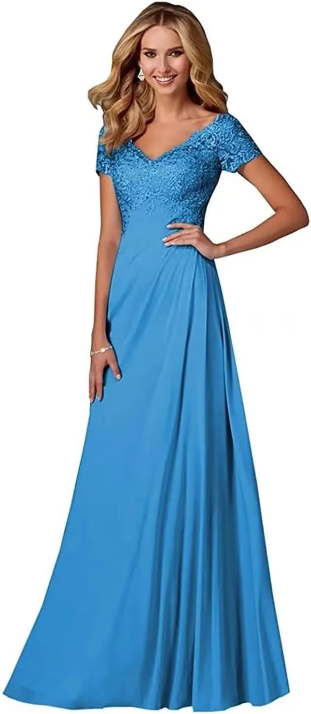 Lace Appliques Mother of The Bride Dresses for Wedding V-Neck Chiffon Long Formal Evening Gowns with Sleeve