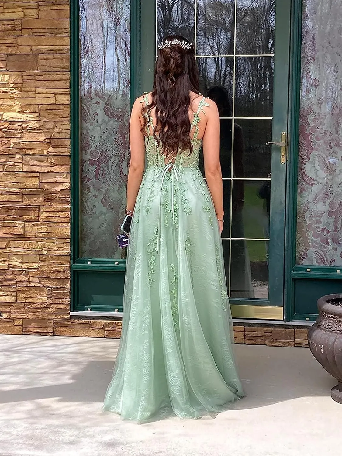Lace Appliques Prom Dresses for Women Tulle Wedding Dress Long Ball Gown Homecoming Dresses with Split