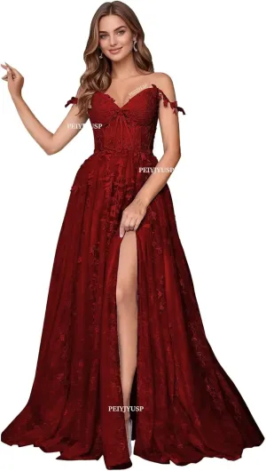 Lace Appliques Prom Dresses for Women Tulle Wedding Dress Long Ball Gown Homecoming Dresses with Split