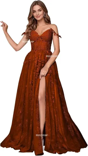 Lace Appliques Prom Dresses for Women Tulle Wedding Dress Long Ball Gown Homecoming Dresses with Split