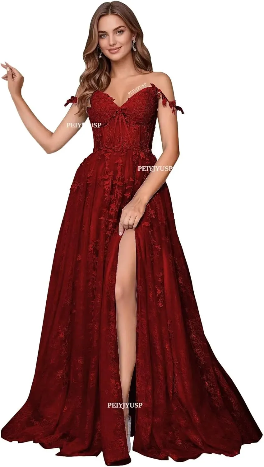 Lace Appliques Prom Dresses for Women Tulle Wedding Dress Long Ball Gown Homecoming Dresses with Split
