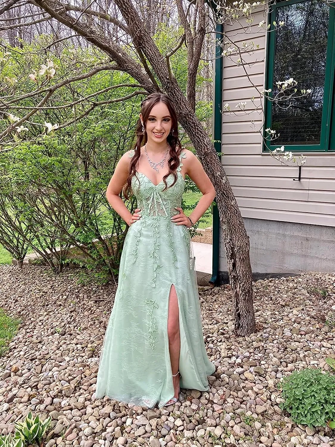 Lace Appliques Prom Dresses for Women Tulle Wedding Dress Long Ball Gown Homecoming Dresses with Split