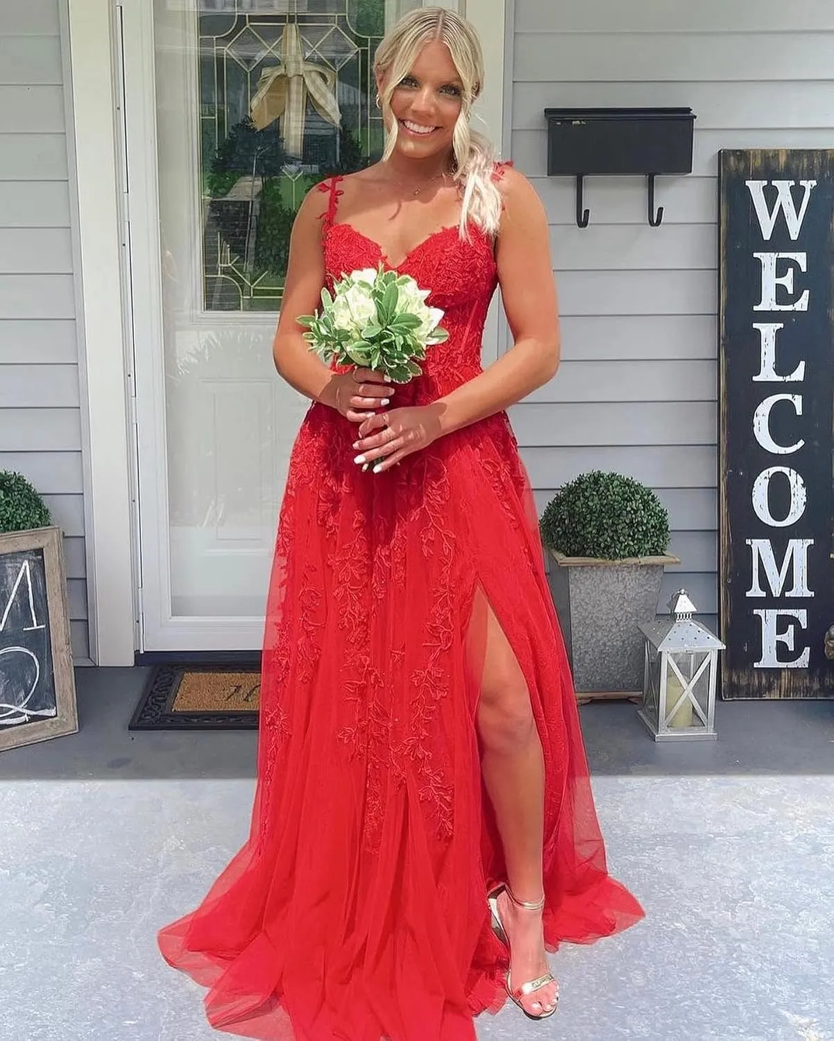 Lace Appliques Prom Dresses for Women Tulle Wedding Dress Long Ball Gown Homecoming Dresses with Split