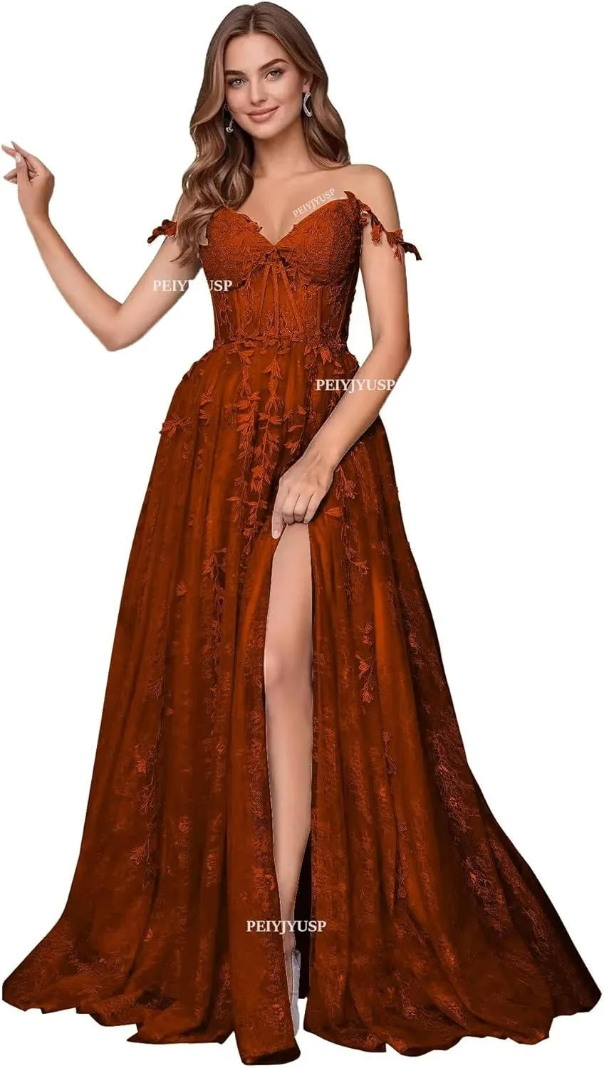 Lace Appliques Prom Dresses for Women Tulle Wedding Dress Long Ball Gown Homecoming Dresses with Split