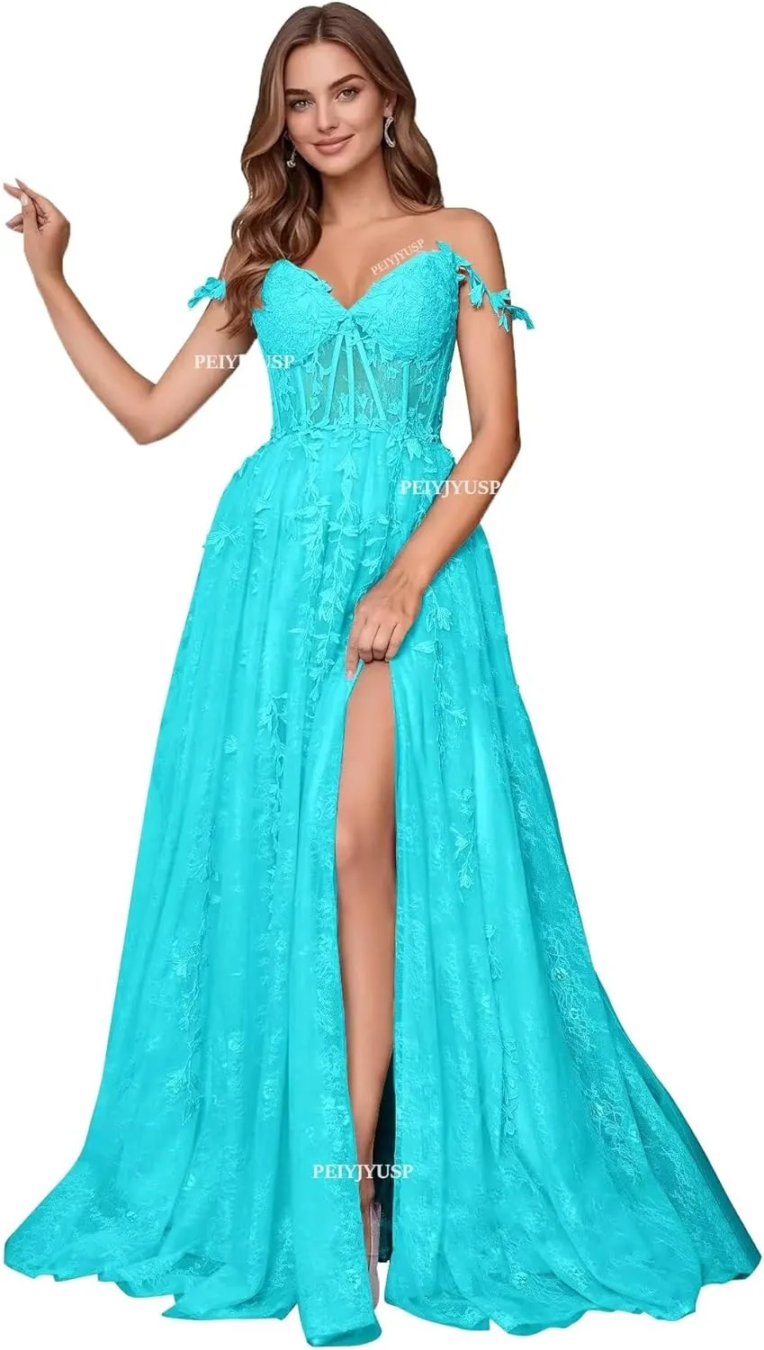Lace Appliques Prom Dresses for Women Tulle Wedding Dress Long Ball Gown Homecoming Dresses with Split