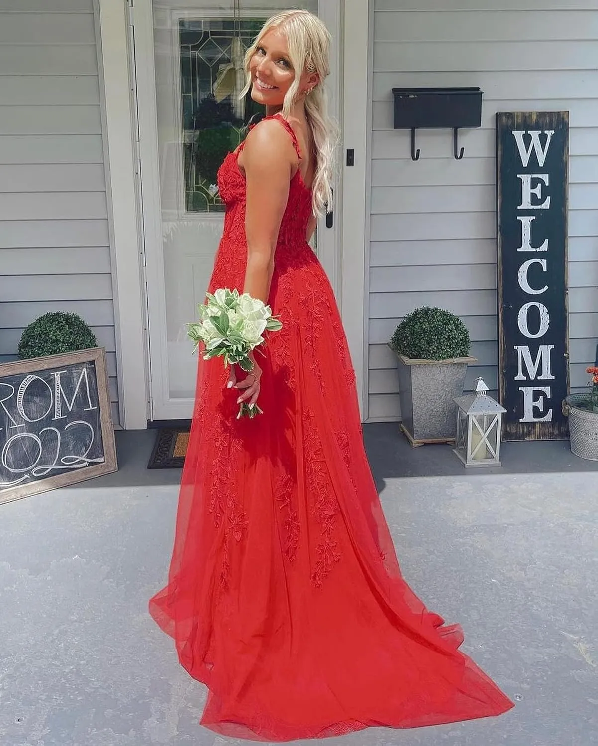 Lace Appliques Prom Dresses for Women Tulle Wedding Dress Long Ball Gown Homecoming Dresses with Split