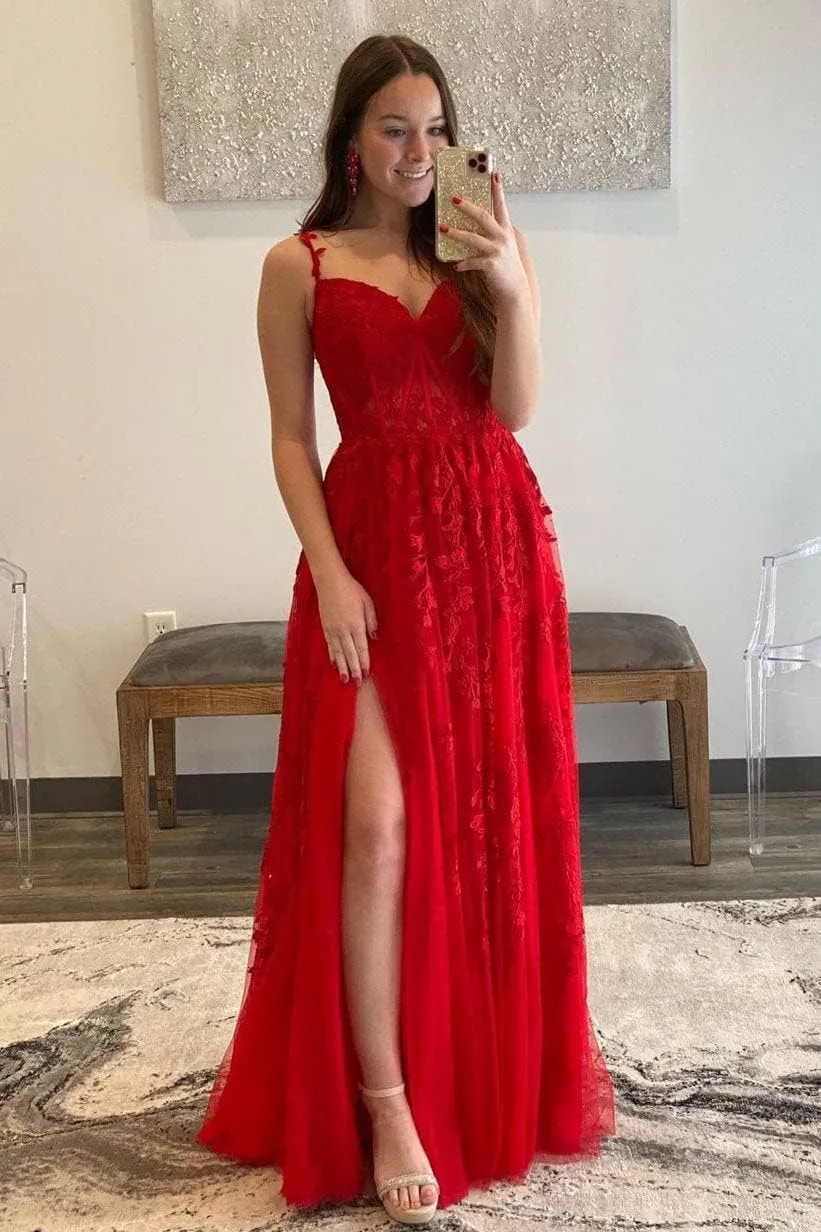 Lace Appliques Prom Dresses for Women Tulle Wedding Dress Long Ball Gown Homecoming Dresses with Split