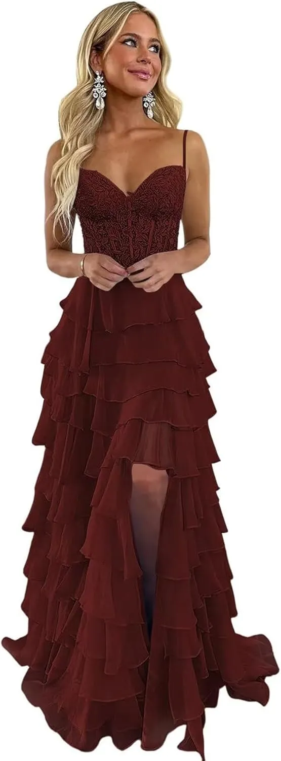 Lace Appliques Tiered Prom Dresses with Slit 2025 Spaghetti Strap Corset Ruffle Chiffon Formal Evening Gowns