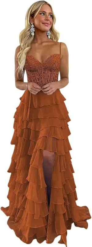 Lace Appliques Tiered Prom Dresses with Slit 2025 Spaghetti Strap Corset Ruffle Chiffon Formal Evening Gowns