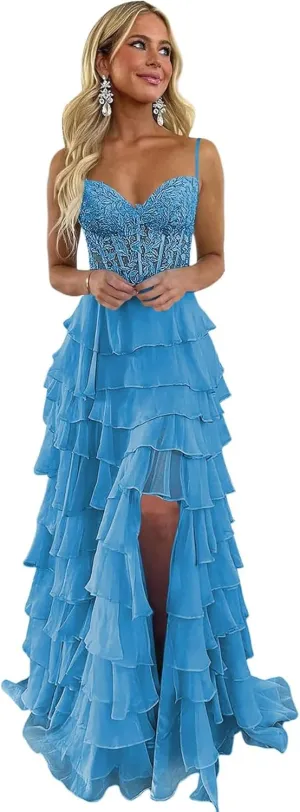 Lace Appliques Tiered Prom Dresses with Slit 2025 Spaghetti Strap Corset Ruffle Chiffon Formal Evening Gowns