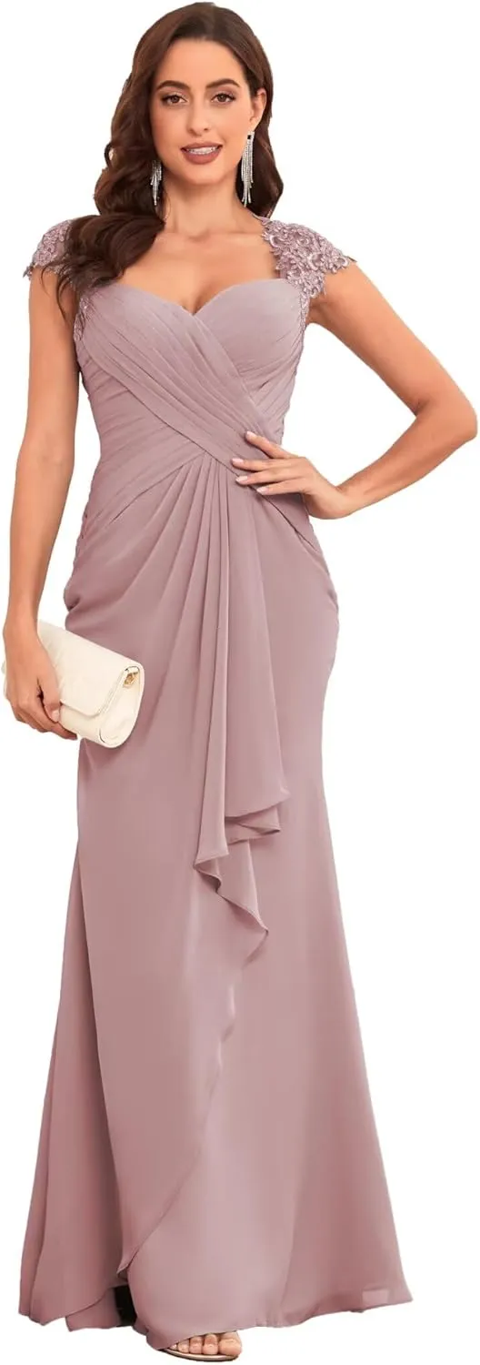 Lace Mermaid Mother of The Bride Dresses for Wedding Chiffon Pleated Formal Evening Dress