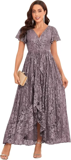 Lace Mother of The Bride Dresses for Wedding Long V Neck Hi Low Formal Evening Dress with Sleeves