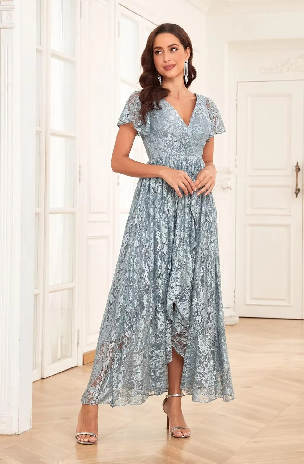 Lace Mother of The Bride Dresses for Wedding Long V Neck Hi Low Formal Evening Dress with Sleeves