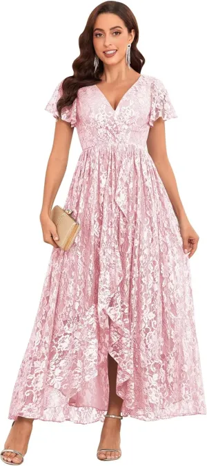 Lace Mother of The Bride Dresses for Wedding Long V Neck Hi Low Formal Evening Dress with Sleeves