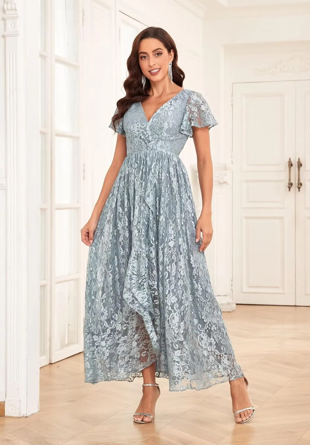 Lace Mother of The Bride Dresses for Wedding Long V Neck Hi Low Formal Evening Dress with Sleeves