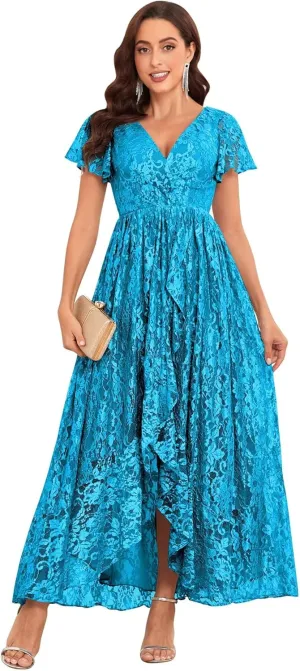 Lace Mother of The Bride Dresses for Wedding Long V Neck Hi Low Formal Evening Dress with Sleeves