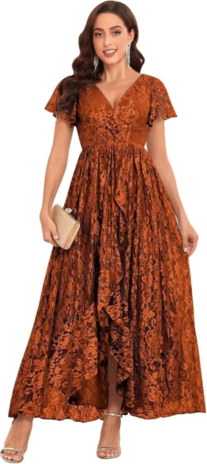 Lace Mother of The Bride Dresses for Wedding Long V Neck Hi Low Formal Evening Dress with Sleeves