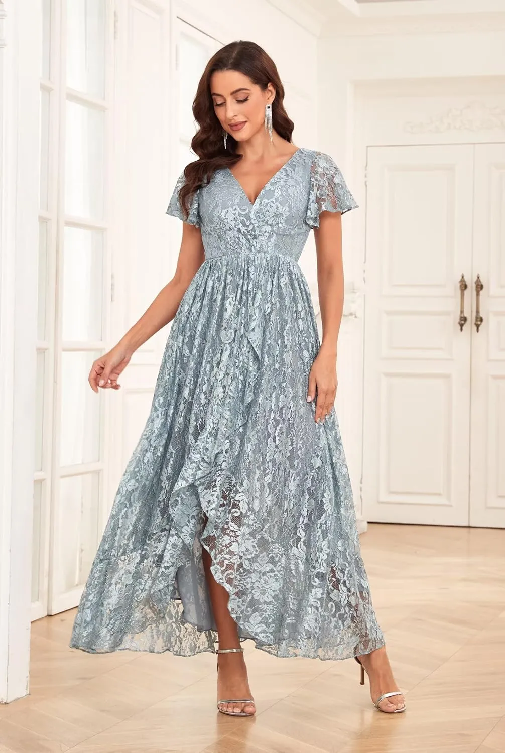 Lace Mother of The Bride Dresses for Wedding Long V Neck Hi Low Formal Evening Dress with Sleeves