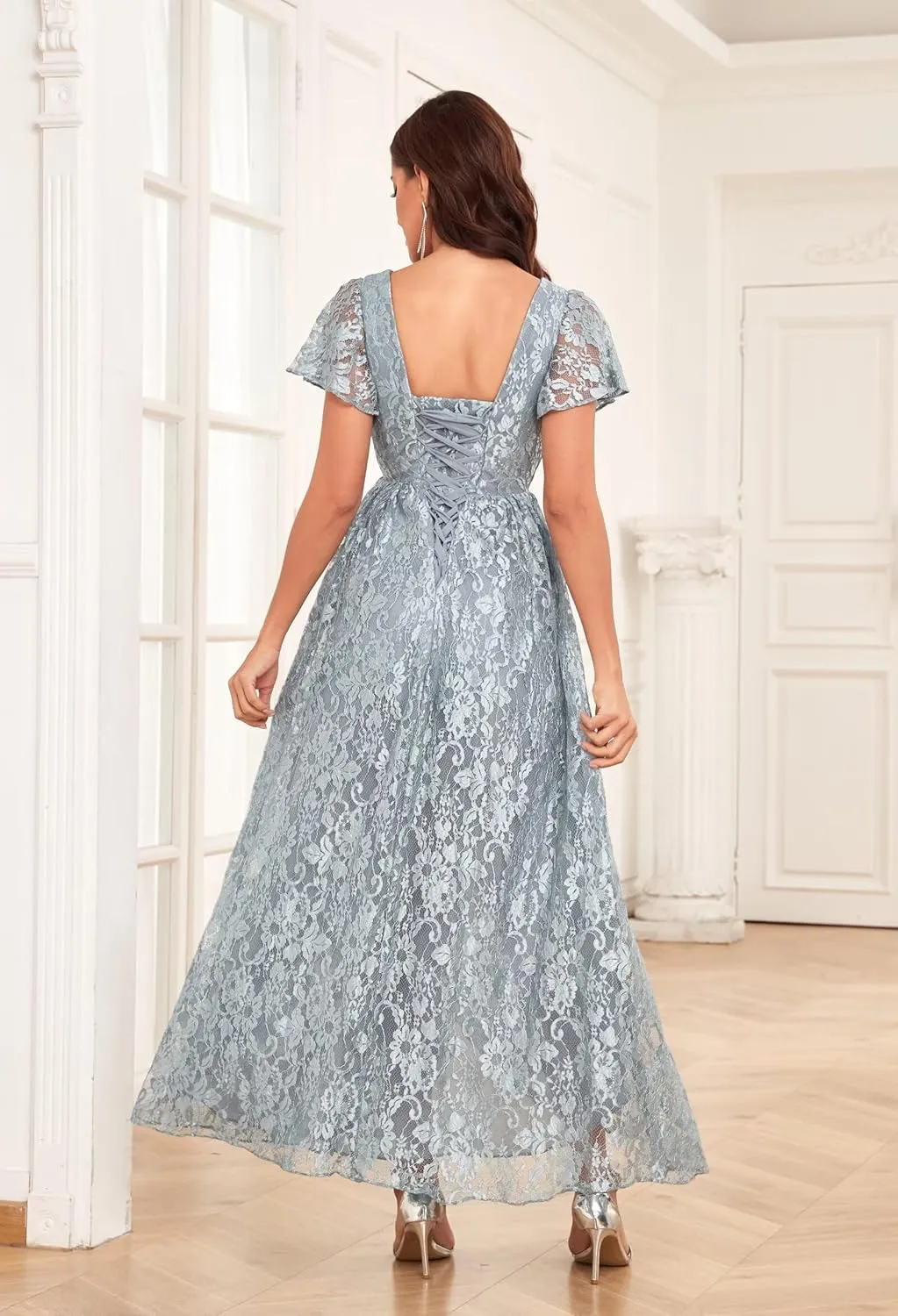 Lace Mother of The Bride Dresses for Wedding Long V Neck Hi Low Formal Evening Dress with Sleeves