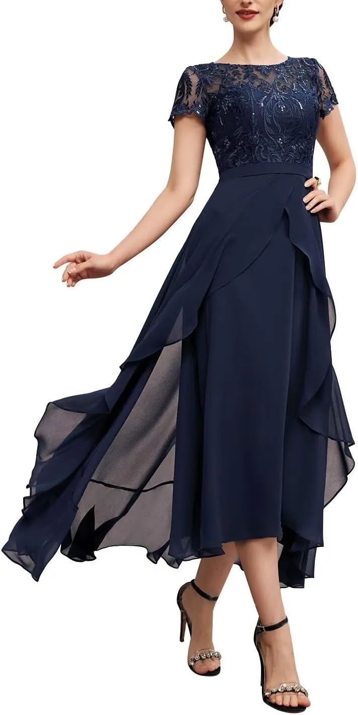 Lace Mother of The Bride Dresses for Wedding Short Sleeve Chiffon Mother Groom Outfit Formal Dress for Women