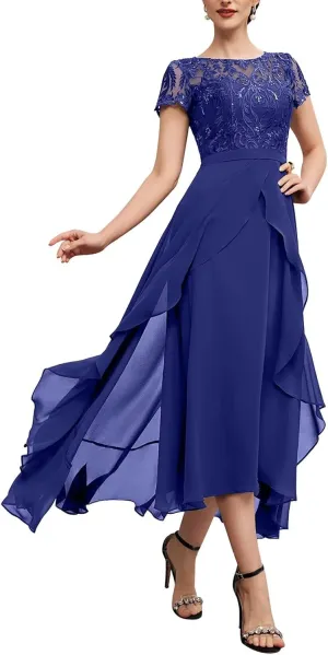 Lace Mother of The Bride Dresses for Wedding Short Sleeve Chiffon Mother Groom Outfit Formal Dress for Women