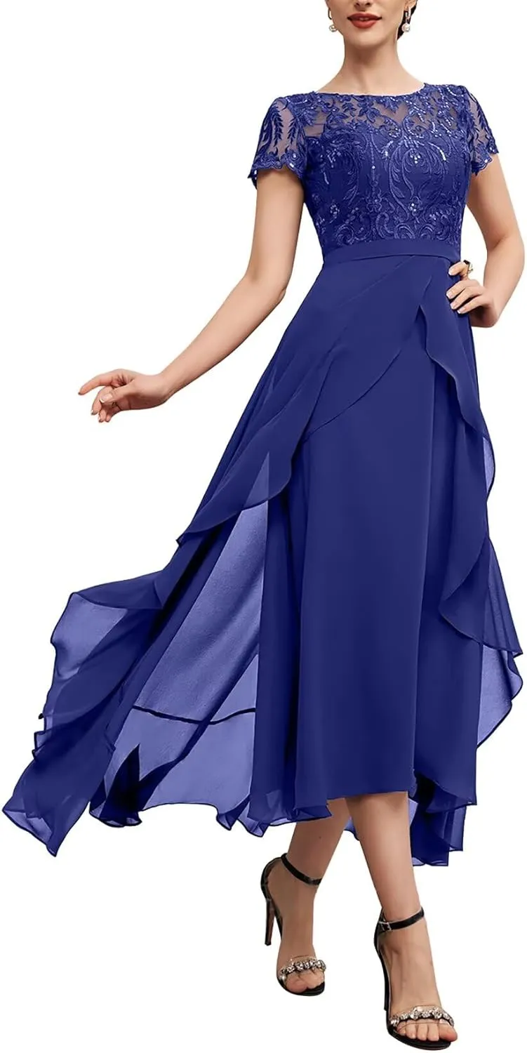 Lace Mother of The Bride Dresses for Wedding Short Sleeve Chiffon Mother Groom Outfit Formal Dress for Women