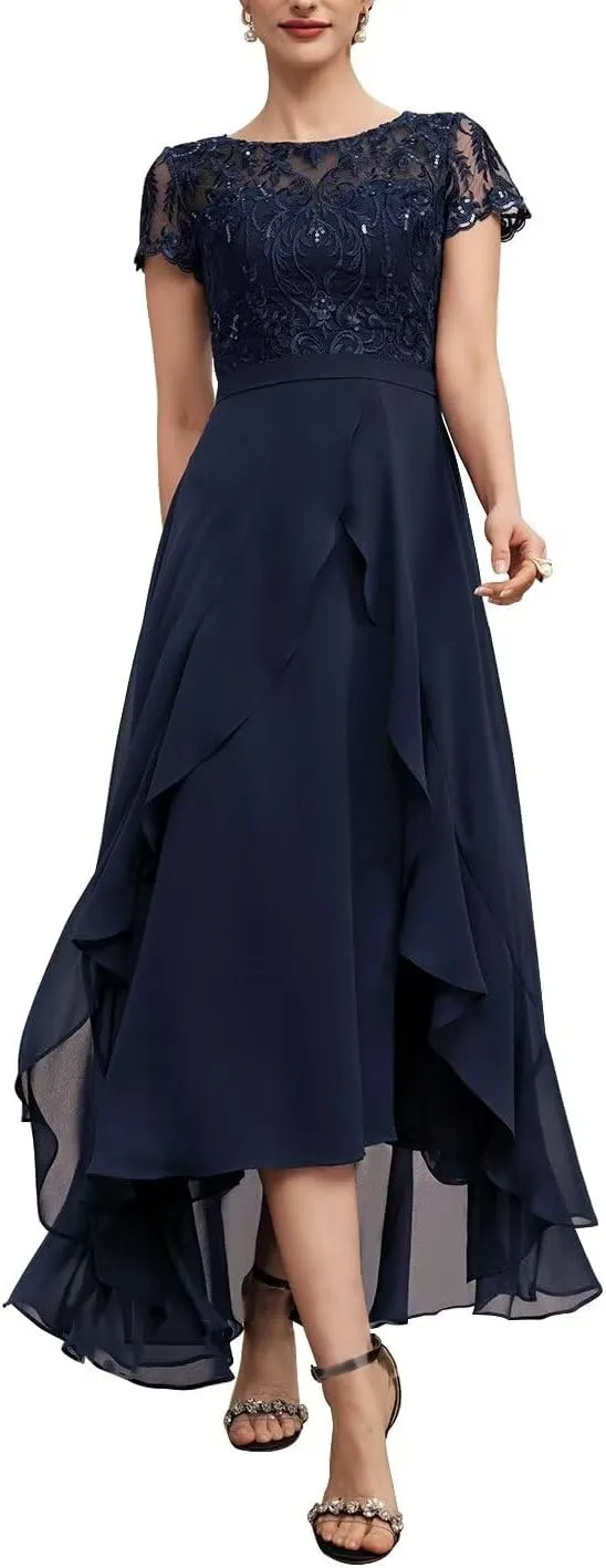 Lace Mother of The Bride Dresses for Wedding Short Sleeve Chiffon Mother Groom Outfit Formal Dress for Women