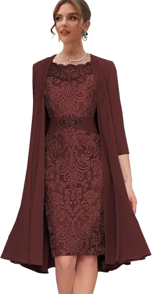 Lace Mother of The Bride Dresses with Jacket Long Sleeve Formal Dress 2 Pieces Evening Gowns for Women