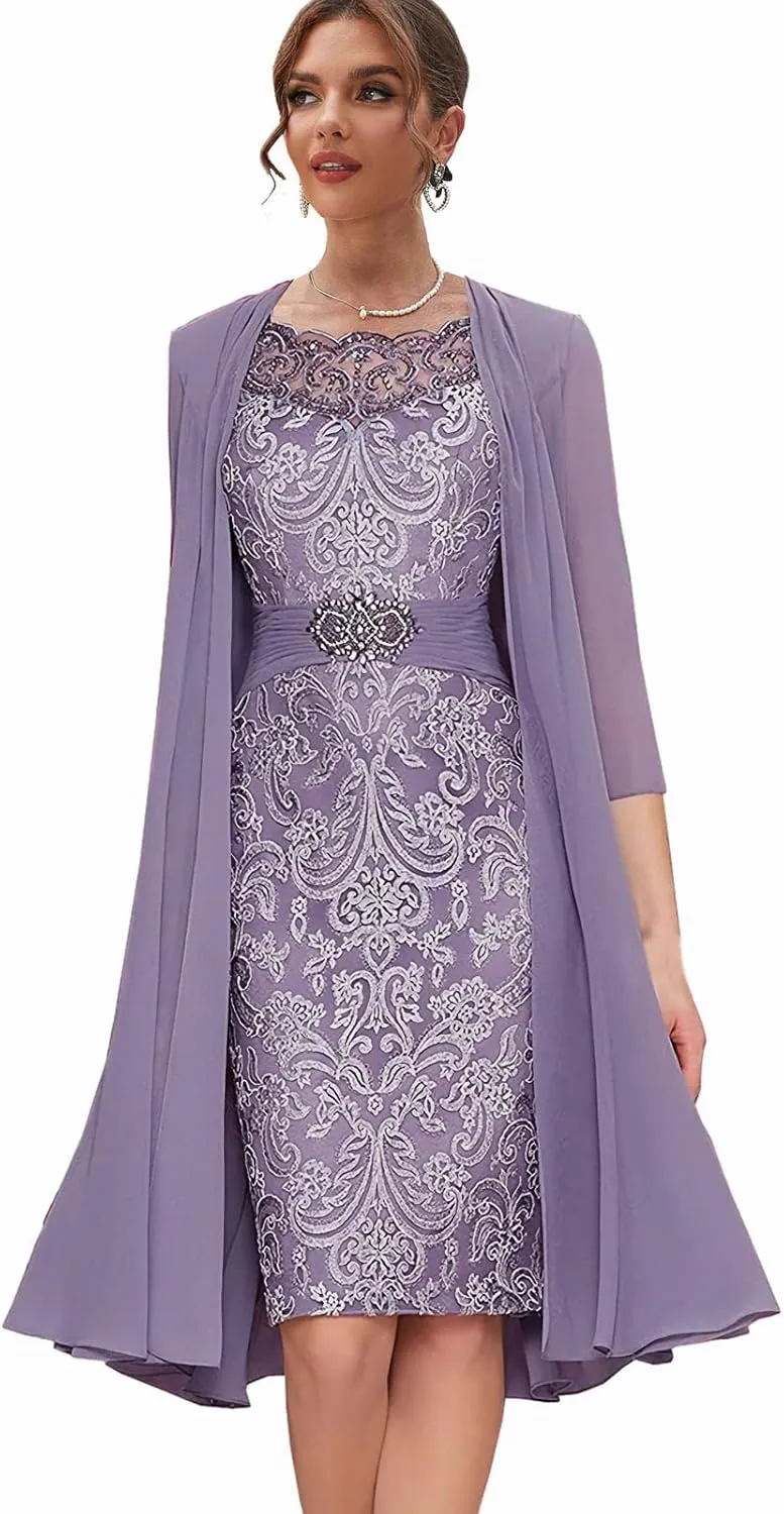 Lace Mother of The Bride Dresses with Jacket Long Sleeve Formal Dress 2 Pieces Evening Gowns for Women