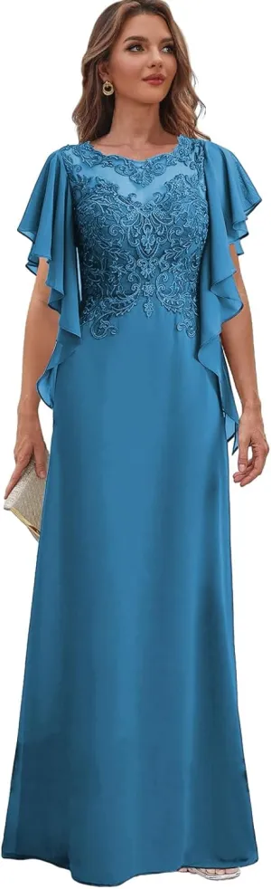 Lace Mother of The Bride Dresses with Sleeves for Wedding Chiffon Long Formal Dress Ruffles Evening Gown